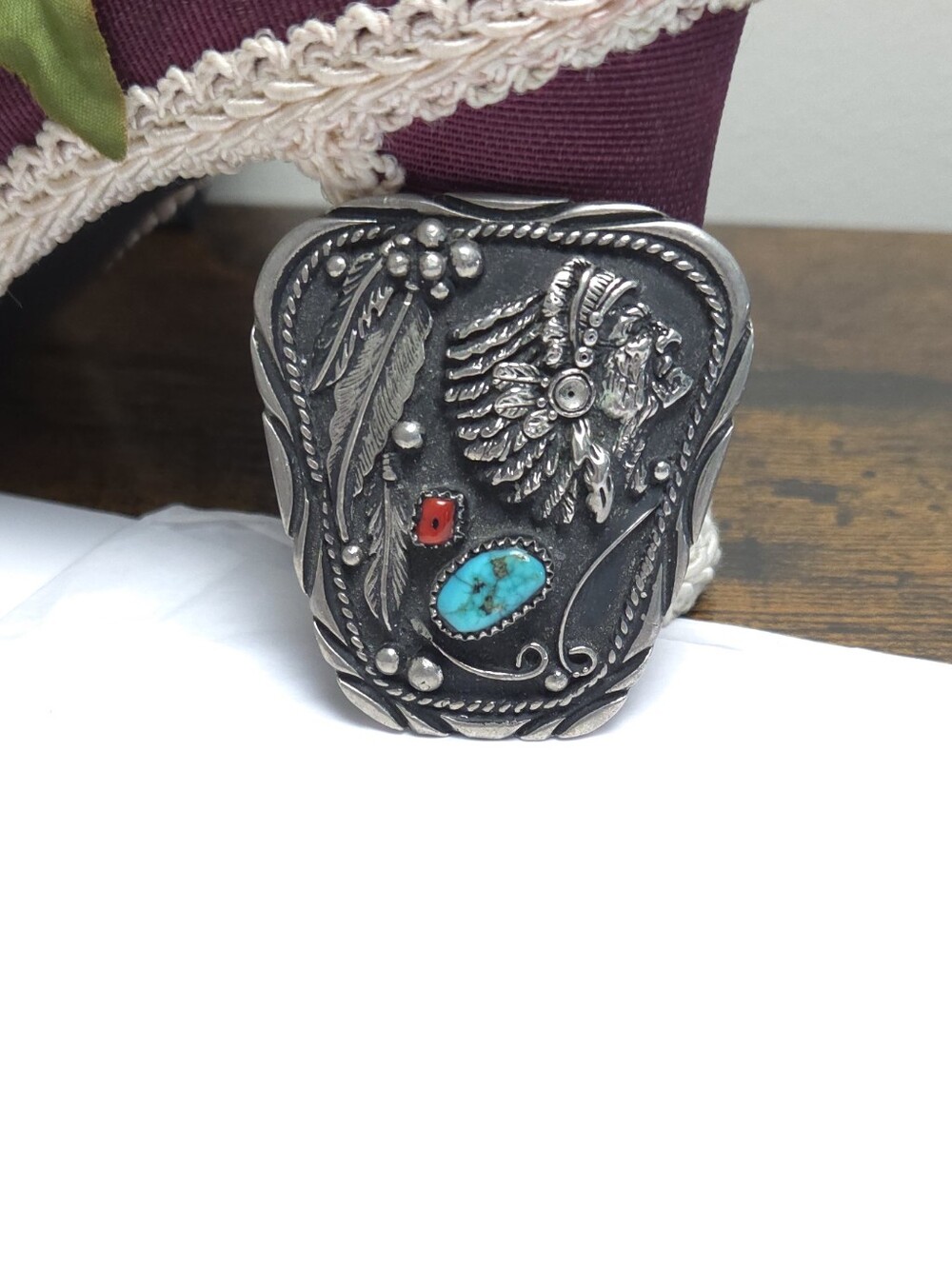 Vintage Native American Cheif Turquoise Coral Stone Bolo Tie Slide Signed SSI